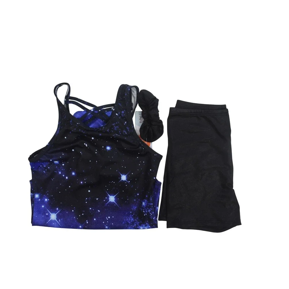 Beautyin Gymnastics Leotard Set Girls 12 Blue Galaxy Shorts Scrunchie UPF 50+